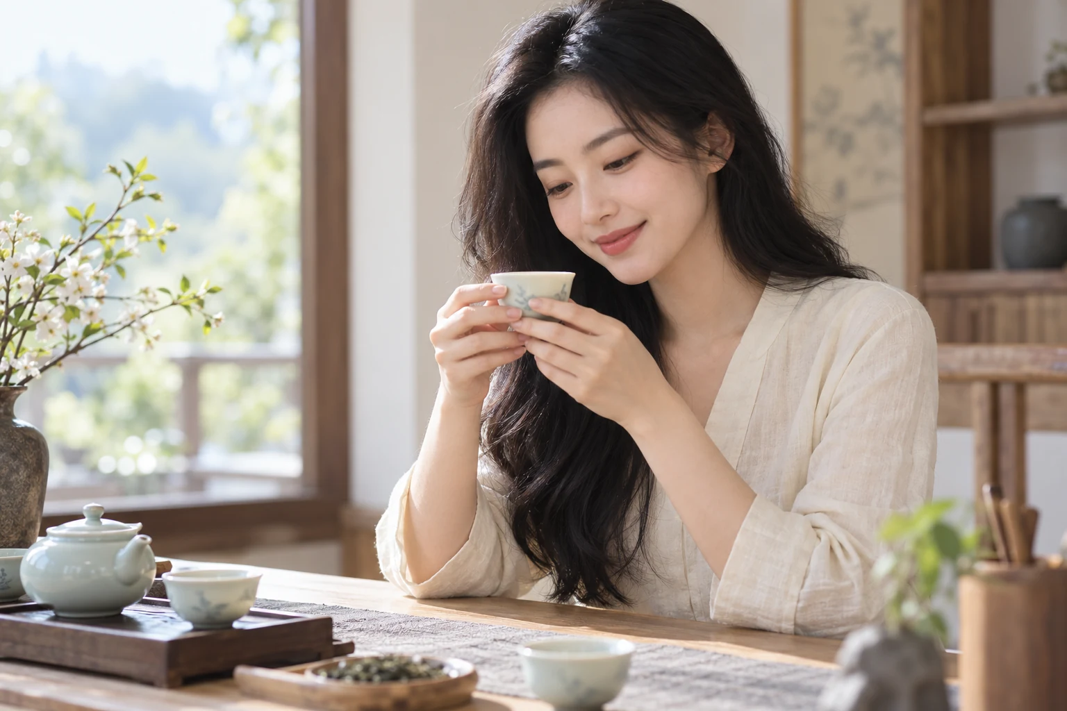 窗边捧杯品茶的画面示意