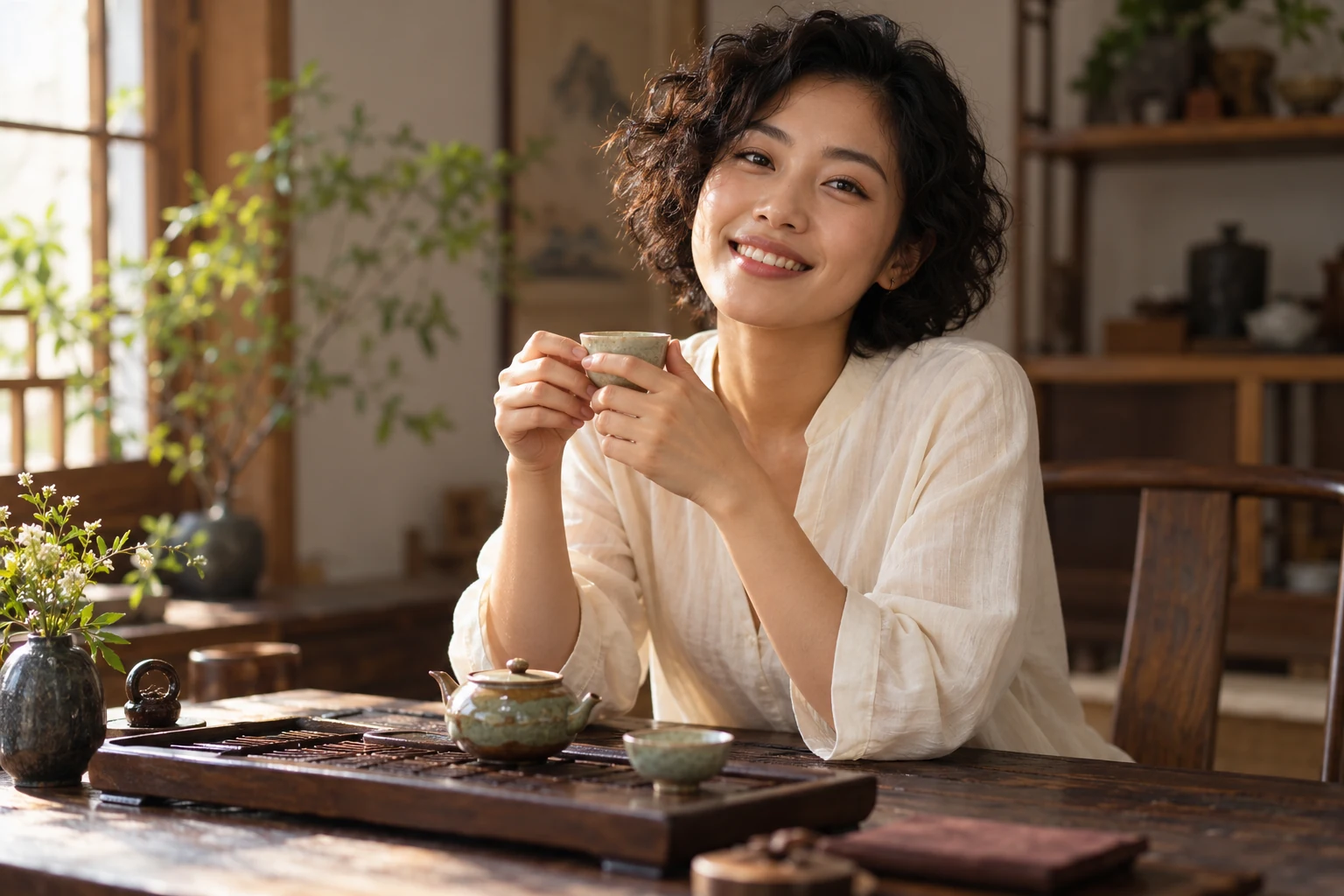 茶室内年轻女性品饮的画面示意