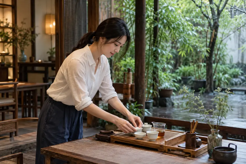 成都庭院茶席布置示意，盖碗与竹制茶具